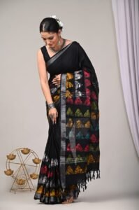 Kalamkari saree black with printed patterns